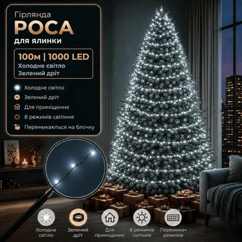 Светодиодная гирлянда Роса с блоком 100 м 1000 LED Холодный белый свет Зеленый провод