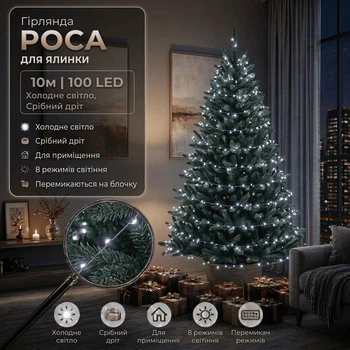 Светодиодная гирлянда Роса с блоком 10 м 100 LED Холодный белый свет Серебристый провод