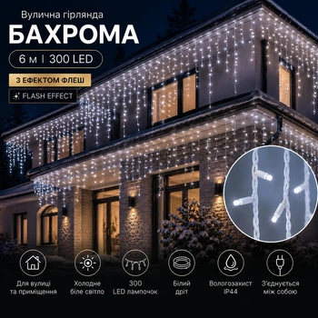 Светодиодная гирлянда уличная Бахрома с флеш-эффектом 6 м 300 LED Холодный белый свет Белый провод