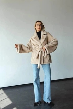 Женская зимняя двусторонняя шуба UF-Fashion N88V 52 бежевый