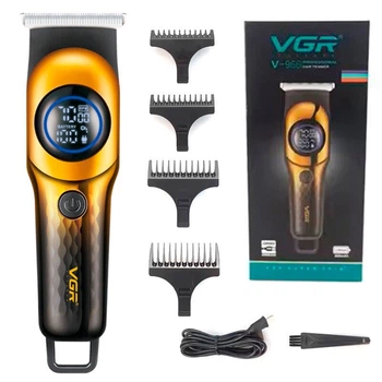 Профессиональная машинка для стрижки волос и бороды VGR V-966 Gold, аккумуляторный триммер окантовочный мужской, 4 насадки, LED дисплей