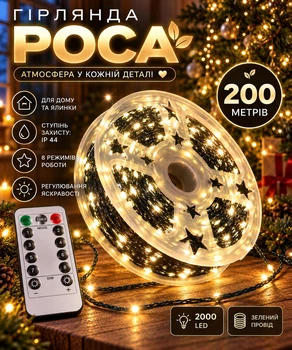 Светодиодная гирлянда роса 200 метров 2000 LED на пульте управления, зеленый провод, теплый свет, работает от сети