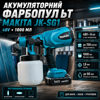 Фарбопульт акумуляторний Makita JK-SG1 48 В 6 А·год 550 Вт бак 1000 мл сопло 1,8 мм регульована подача до 60 DIN для фарбування стін дерева металу пластику нанесення лаків і ґрунтовок