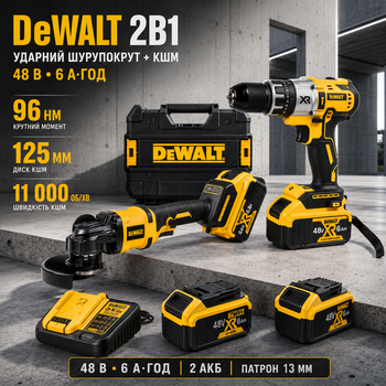 Набор инструментов 2в1 DeWalt 48 В 6 А·ч аккумуляторный ударный шуруповерт DCD996P2 96 Нм дрель 13 мм бесщеточная УШМ DCG409 125 мм болгарка 11000 об мин для сверления резки шлифовки ремонта строительства монтажа с двумя АКБ кейсом