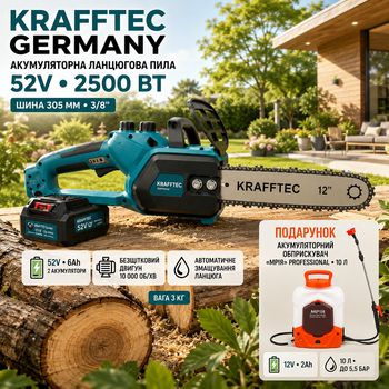 Аккумуляторная цепная пила Krafftec Germany PRO 52 В 2500 Вт бесщеточная 6 А·ч шина 30 см автоматическая смазка 10000 об/мин для обрезки деревьев и распиловки древесины + опрыскиватель Мрия 10 л в подарок