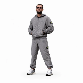 Чоловічий спортивний костюм Stone Island світло-сірий плащівка жадка, куртка з капюшоном XL