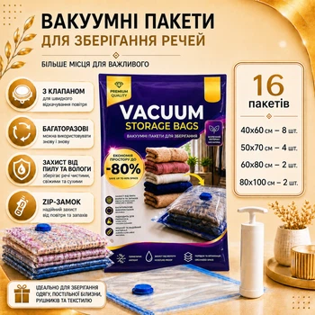 Вакуумные пакеты 16 шт с насосом для переезда и путешествий, хранения одежды, вещей,в шкафу,гардеробной и сезонной смены гардероба