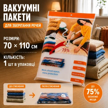 Вакуумный пакет с Zip-замоком для хранения одежды вещей багажа, с клапаном мешок вакуумный для хранения, 70х110 см