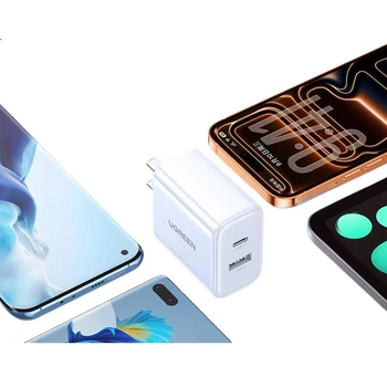 Зарядное устройство UGREEN Apple, мощность PD20 Вт, многопортовый адаптер быстрой зарядки GaN Type-C/USB, подходит для iPhone 17 Pro Max/Air/16/15 и iPad.