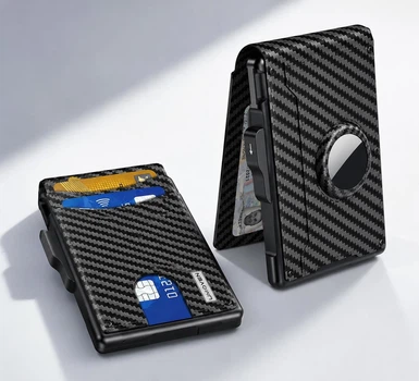 Чоловічий картхолдер-гаманець з RFID-захистом, слотом для AirTag та затискачем для купюр — Чорний