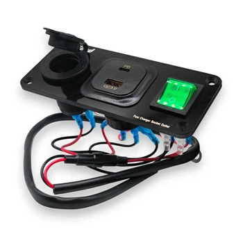 Врезная автомобильная панель розеток 3-в-1 USB QC 3.0 + Type-C PD с прикуривателем и кнопкой Автомобильная зярядка (07777)