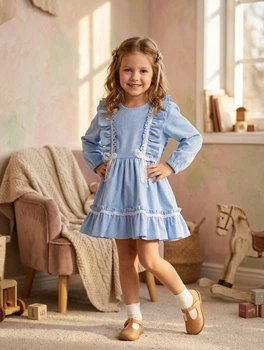 Детское вельветовое платье для девочки с рюшами и бантиками 3-8 лет голубое (442885) 110
