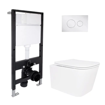 Готовое решение Qtap для ванной комнаты: подвесной унитаз Crow Ultra Quiet 485x340x290 + комплект инсталляции Standard (круглая кнопка Chrome)
