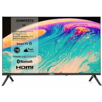 Телевізор 32' Romsat 32HN93ST2, Black, LED, 1366х768, 60 Гц, 1500:1, Smart TV (Android 14), DVB-T2/C/S2, Wi-Fi, Bluetooth, RJ45, 2xHDMI, 2xUSB, 2 x 10 Вт, VESA 100x100