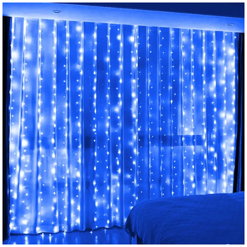 Гирлянда штора 1,8x1,2м 144 LED USB и сеть 220В 8 режимов синяя Роса с пультом управления SQ-26777