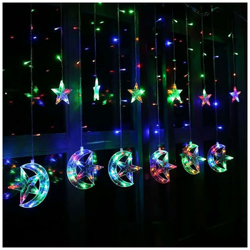 LED гирлянда штора 3x1м 12 фигурок 220В 8 режимов для украшения дома Луна со звездой Мультиколор SQ-27431