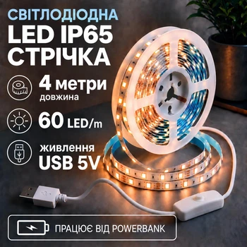 Світлодіодна LED стрічка IP65 4 метри із кнопкою USB 5V, білий теплий, вологозахист силікон світильник для підсвічування кухні шаф, 3000K