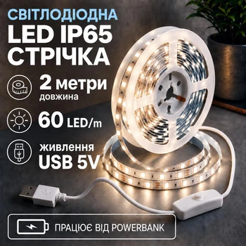 Світлодіодна LED стрічка IP65 2 метри із кнопкою USB 5V, білий нейтральний, вологозахист силікон світильник для підсвічування кухні шаф, 4000K