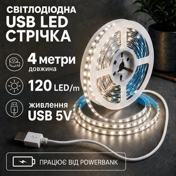 Світлодіодна LED стрічка 4 метри 120 LED на метр із USB 5V, білий нейтральний, світильник для підсвічування, живлення від павербанку 5 вольт, 4000K