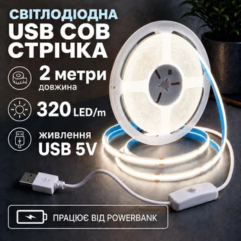 Светодиодная LED COB лента 2 метра с кнопкой USB 5V, белый нейтральный, светильник для подсветки кухни шкафов, 4000K