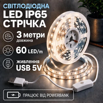 Світлодіодна LED стрічка IP65 3 метри із кнопкою USB 5V, білий нейтральний, вологозахист силікон світильник для підсвічування кухні шаф, 4000K