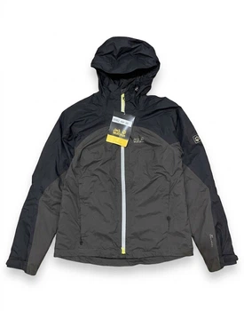 Жіноча мембранна куртка Jack Wolfskin для трекінгу водовідштовхуюча з капішоном сіра з зеленим Розмір M