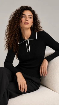 Жіноча кофта поло з довгим рукавом рубчик трикотаж One Size (S-L) La Pomme 02517-А чорна