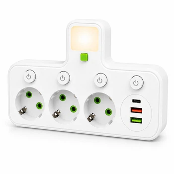Мережевий розгалужувач трійник на 3 розетки, 2 USB-A + Type-C з кнопками та підсвіткою 2500 Вт