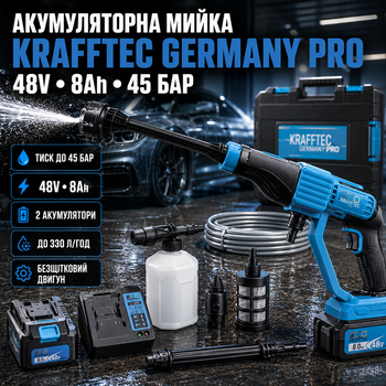 Ручная автомойка Krafftec Germany PRO синяя аккумуляторная 48 В 8 А·ч минимойка 45 бар производительность 330 л ч бесщеточная с 2 батареями насадками пенником фильтром самозабором воды кейсом портативная мойка для машины мотоцикла велосипеда