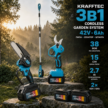 Садовый набор Krafftec 3в1 аккумуляторный 42 В 6 А·ч секатор бесщеточный рез до 38 мм масляная мини-пила 6″ 15 см цепь 18 м с штанга телескоп 2,7 м поворот до 180 градусов 2 батареи комплект для высотной обрезки веток деревьев кустов сада