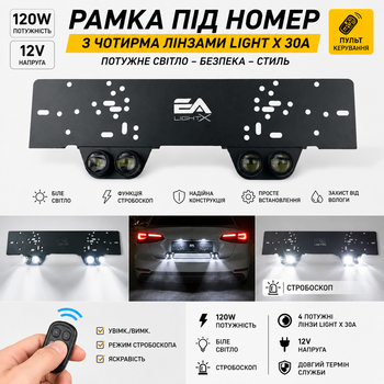 Рамка под номер со светом фары линзы Light X 30B из - 120W, 12V белый свет и стробоскоп, пульт в комплекте.