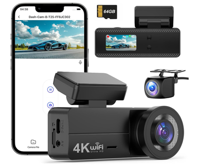 Видеорегистратор автомобильный 4K+1080P Front Rear, 64GB, WiFi, ночное видение, 24H Parking Mode, G-Sensor, WDR