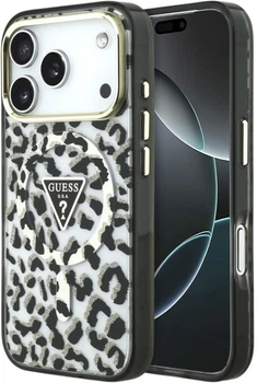 Etui Guess IML Leopard Glitter Triangle Logo MagSafe do iPhone 18 Pro / 17 Pro czarne (GUE005626)