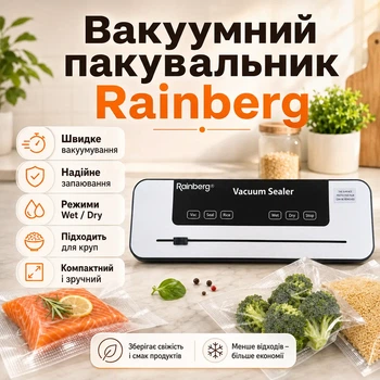 Вакуумный упаковщик Rainberg для продуктов Вакууматор с режимами Wet/Dry и запаянием пакетов