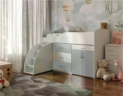 Ліжко кімната ViorinaDEKO BED-ROOM №5 1840*860 мм висувна драбина-комод, висувний стіл. Білий корпус/колір фасаду сірий