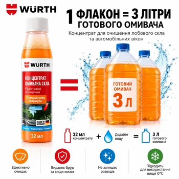 Концентрат омывателя стекла WÜRTH 32 мл на 3 л — очиститель лобового стекла автомобиля без разводов