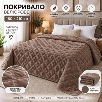 Покривало Велюр на велике ліжко покривало стьобане велюрове покривало євро розмір 210х230 см Ромб Бежевий