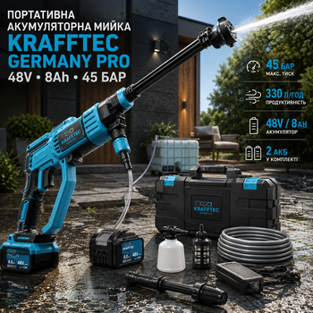 Аккумуляторная мойка высокого давления Krafftec Germany PRO 48 В 8 А·ч 45 бар ручная автомойка 330 л ч бесщеточная минимойка с 2 АКБ самовсасыванием воды шлангом фильтром пенной насадкой кейсом синяя для автомобиля велосипеда сада дачи