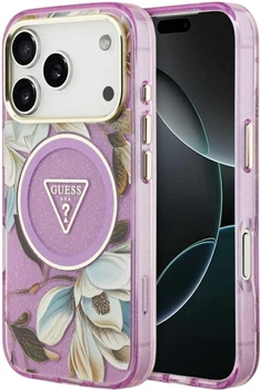 Etui Guess IML Glitter Flowers Triangle MagSafe do Apple iPhone 17 Pro/18 Pro Violet (GUHMP18LHFLPEDU)
