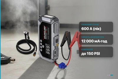 Пускозарядний пристрій з компресором 3-в-1: джамп стартер 600А + насос 150PSI + павербанк 12000мАг