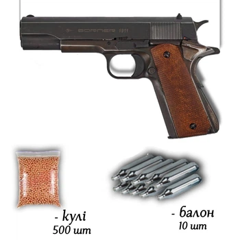 Пневматичний пістолет Borner 1911 Blowback 4.5мм з кулями 500 шт та балонами 10 шт — металева копія Colt M1911 з блоубеком