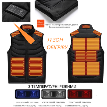 Терможилет з підігрівом "Eco-obigriv Multi-size-11" з регулюванням об'єму, 11 зон обігріву, 3 режими регулювання температури, розмір XL-2XL