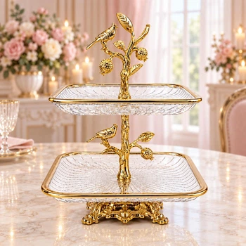 Подставка для десертов стеклянная двухъярусная Royal Grace 44 см / Стеклянная этажерка для фруктов (RG_1296-2)
