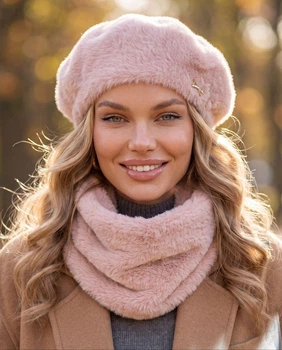 Женский комплект Кейт из экомеха альпака, берет и бафф 798-034 пудра