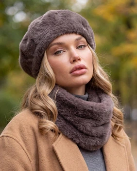 Женский комплект Кейт из экомеха альпака, берет и бафф 798-013 коричневый