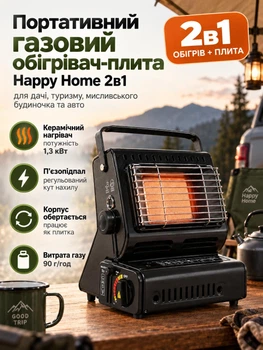 Портативный газовый обогреватель-плита Happy Home 2в1 для дачи, туризма, охотничьего домика и авто, балоны в комплекте