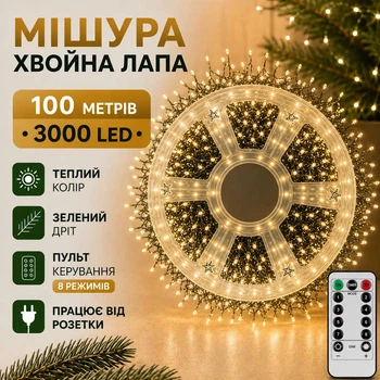 Гирлянда Мишура Феерверк (хвойная лапа) 100 м 3000 LED от розетки роса 8 режимов (теплый белый цвет) зеленый провод