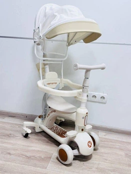 Дитячий самокат-трансформер 3в1 Smart Baby 669 з батьківською ручкою, козирком і світною декою Бежевий