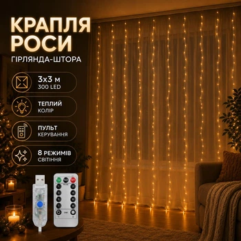 Новогодняя гирлянда штора Капля росы 3х3 м от USB, повер банка (теплый белий цвет) 300 LED с пультом ДУ