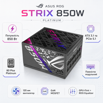 Блок живлення ASUS ROG Strix 850W Platinum ROG Equalizer ATX 3.1 вентилятор 135 мм Black (90YE00W8-B0NA00)